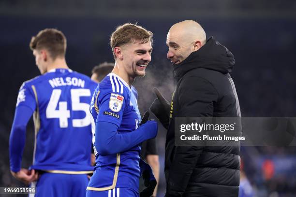 Leicester City Manager Enzo Maresca and Kiernan Dewsbury-Hall of Leicester City after the Sky Bet Championship match between Leicester City and...