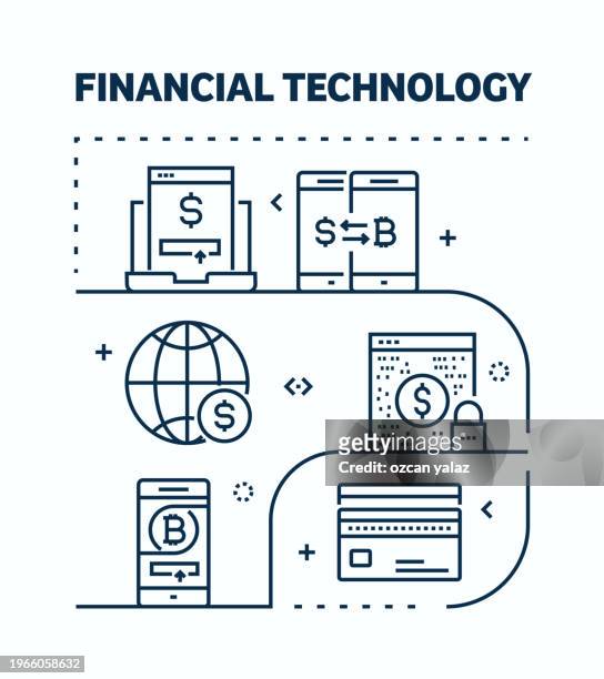 financial technology related vector banner design concept. global multi-sphere ready-to-use template. web banner, website header, magazine, mobile application etc. modern design. - banking sign stock illustrations