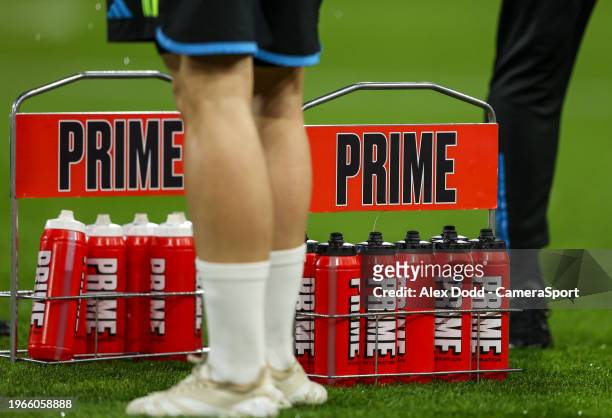 Arsenal players drink from PRIME branded bottles during the Premier League match between Nottingham Forest and Arsenal at the City Ground on January...