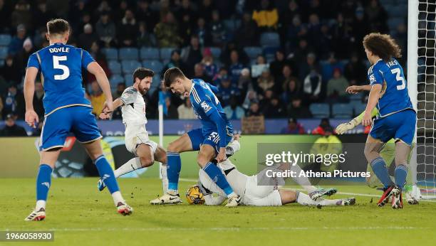 Joe Allen of Swansea City scores a goal during the Sky Bet Championship match between Leicester City and Swansea City at King Power Stadium on...