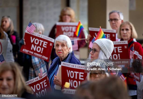 Huntington Beach, CA Former Huntington Beach Mayor Shirley Dettloff, center, joins Protect Huntington Beach, a group of concerned residents of...