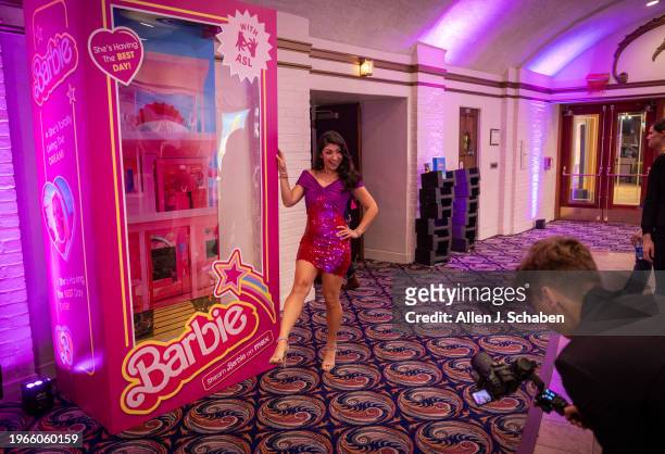 Westwood, CA Leila Hanaumi, American Sign Language performer in Barbie ASL cut, poses with a large Barbie box where the US. Deaf West and Max hosts a...