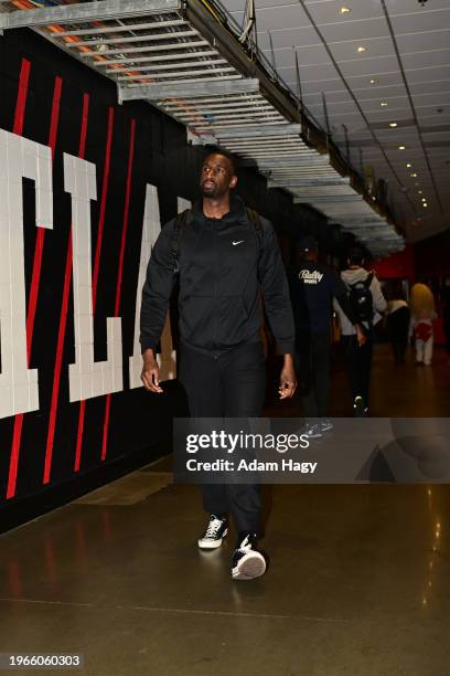 Assistant Coach Ekpe Udoh arrives to the arena before the game against the Los Angeles Lakers on January 30, 2024 at State Farm Arena in Atlanta,...