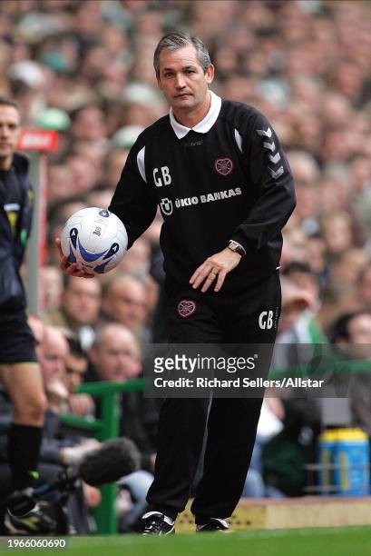 October 15: George Burley Manager of Hearts on the side line during the Scottish Premiership match between Celtic and Hearts at Park Head on October...