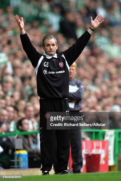 October 15: George Burley, Manager of Hearts, on the side line during the Scottish Premiership match between Celtic and Hearts at Park Head on...