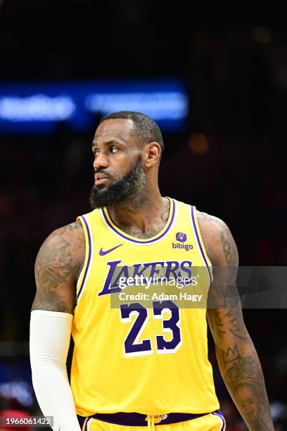LeBron James of the Los Angeles Lakers looks on during the game against the Atlanta Hawks on January 30, 2024 at State Farm Arena in Atlanta,...