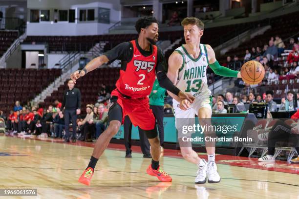 Drew Peterson of the Maine Celtics handles the ball during the game against the Raptors 905 on January 30, 2024 at Paramount Fine Foods Centre in...