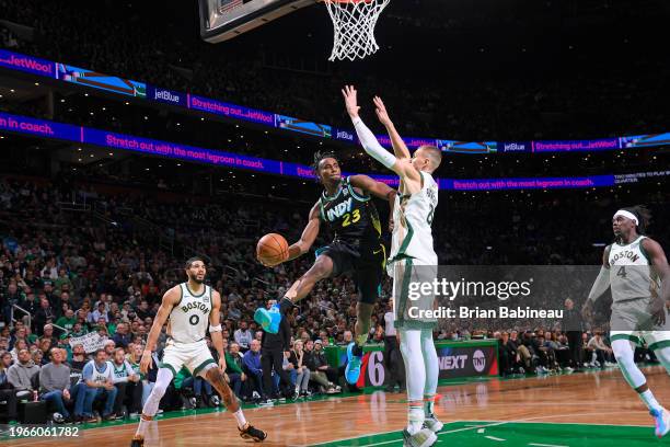 Aaron Nesmith of the Indiana Pacers passes the ball during the game against the Boston Celtics on January 30, 2024 at the TD Garden in Boston,...