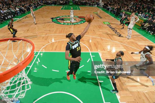 Myles Turner of the Indiana Pacers rebounds the ball during the game against the Boston Celtics on January 30, 2024 at the TD Garden in Boston,...