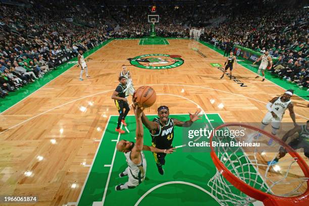 Pascal Siakam of the Indiana Pacers rebounds the ball during the game against the Boston Celtics on January 30, 2024 at the TD Garden in Boston,...