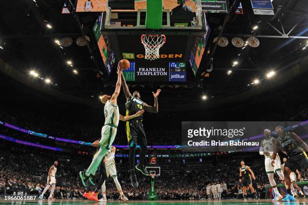 Pascal Siakam of the Indiana Pacers rebounds the ball during the game against the Boston Celtics on January 30, 2024 at the TD Garden in Boston,...