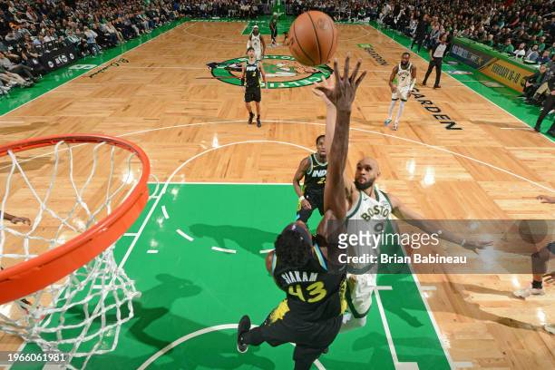 Derrick White of the Boston Celtics drives to the basket during the game against the Indiana Pacers on January 30, 2024 at the TD Garden in Boston,...