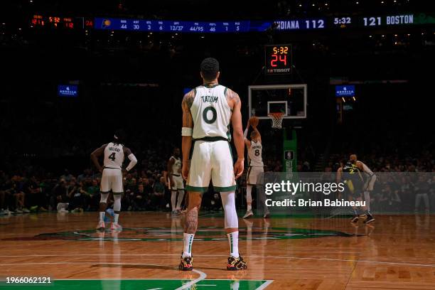 Jayson Tatum of the Boston Celtics looks to pass the ball during the game against the Indiana Pacers on January 30, 2024 at the TD Garden in Boston,...