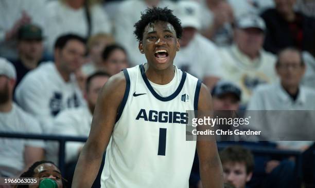 Great Osobor of the Utah State Aggies celebrates during the final minute of the game against the San Jose State Spartans at the Dee Glen Spectrum on...