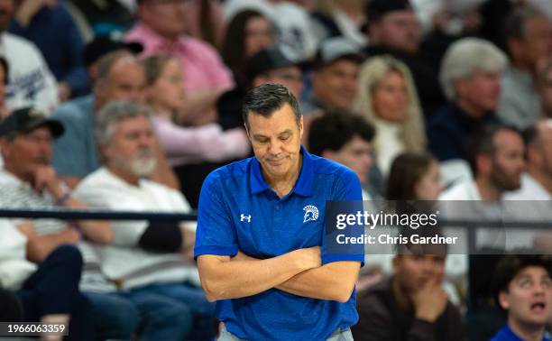 Head coach Tim Miles of the San Jose State Spartans reacts to an official's call during the second half against the Utah State Aggies at the Dee Glen...