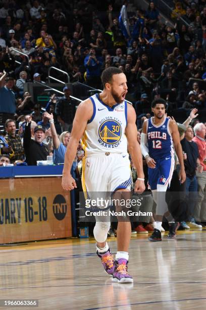Stephen Curry of the Golden State Warriors celebrates during the game on January 30, 2024 at Chase Center in San Francisco, California. NOTE TO USER:...