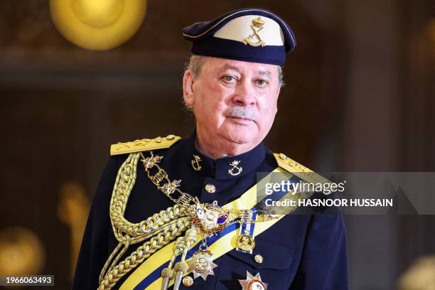 King of Malaysia Sultan Ibrahim Iskandar looks on during a welcoming ceremony at the National Palace in Kuala Lumpur, on January 31, 2024. Malaysia...