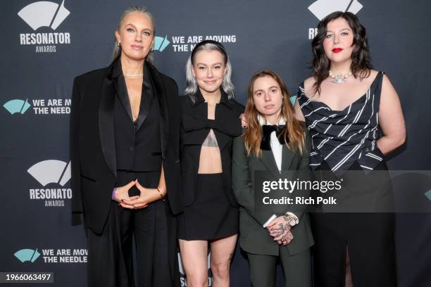 Catherine Marks with Phoebe Bridgers, Julien Baker and Lucy Dacus of boygenius at the Resonator Awards held at Beauty & Essex on January 30, 2024 in...