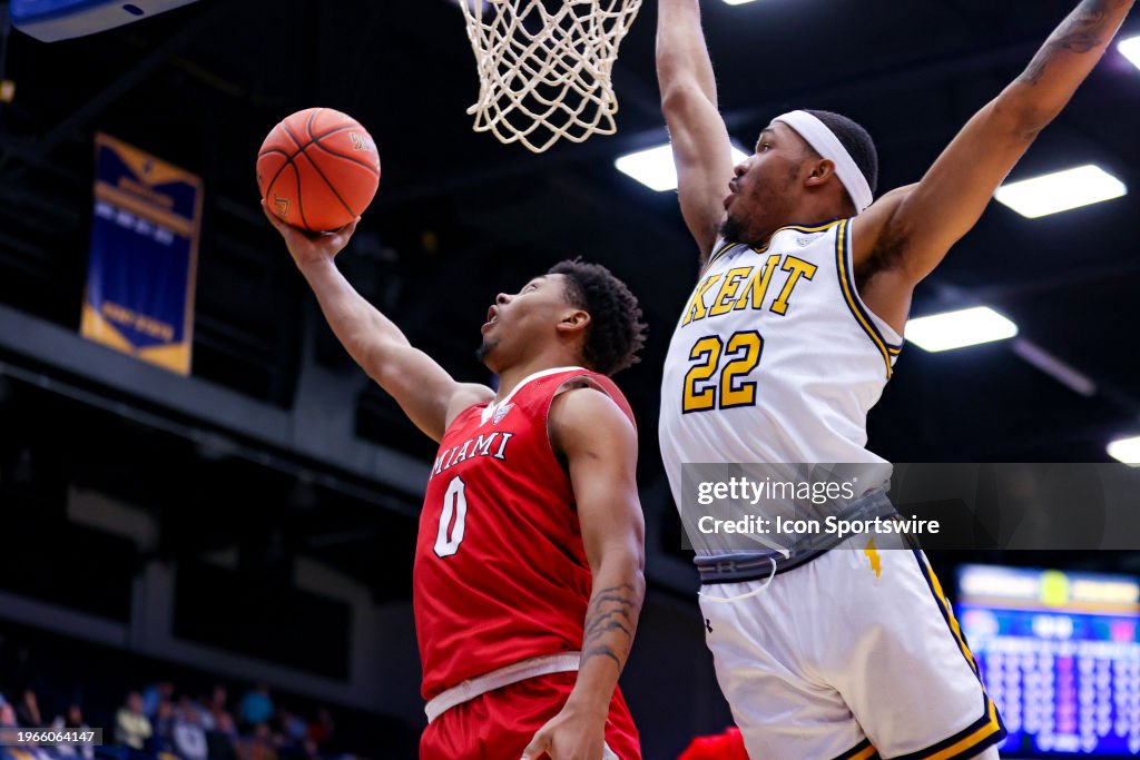 Miami Redhawks guard Eian Elmer shoots as Kent State Golden Flashes
