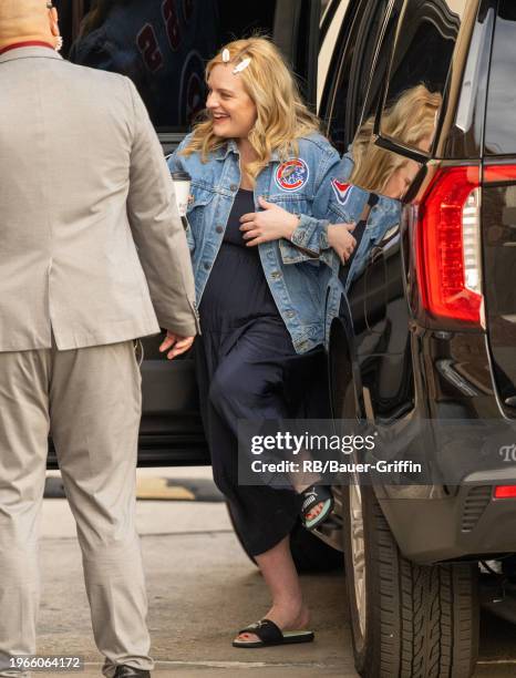 Elisabeth Moss, who is pregnant, is seen at "Jimmy Kimmel Live" on January 30, 2024 in Los Angeles, California.