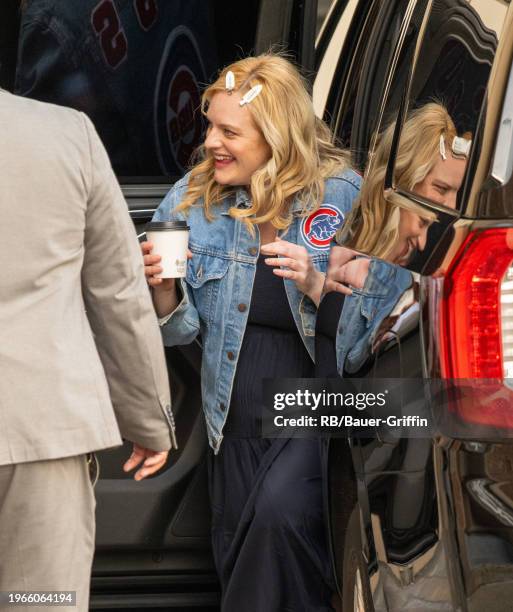 Elisabeth Moss, who is pregnant, is seen at "Jimmy Kimmel Live" on January 30, 2024 in Los Angeles, California.