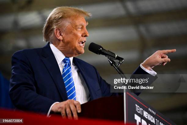 Republican presidential candidate and former U.S. President Donald Trump speaks during a campaign event at Big League Dreams Las Vegas on January 27,...