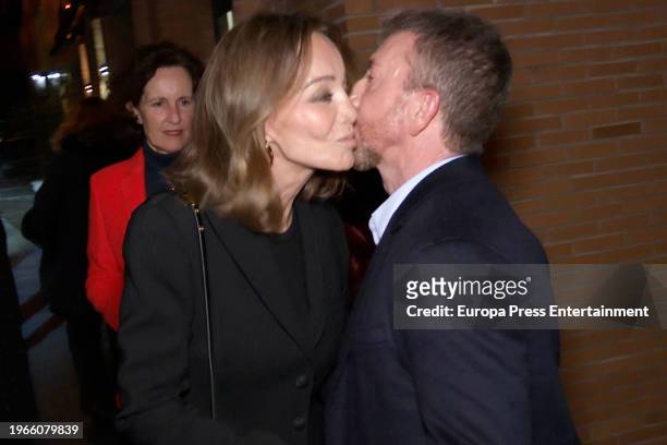 Isabel Preysler and Pablo Motos are seen leaving the restaurant El Cuenco de Pepa on January 26, 2024 in Madrid, Spain.