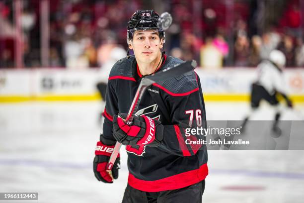 Brady Skjei of the Carolina Hurricanes warms up prior to a game against the Arizona Coyotes at PNC Arena on January 27, 2024 in Raleigh, North...