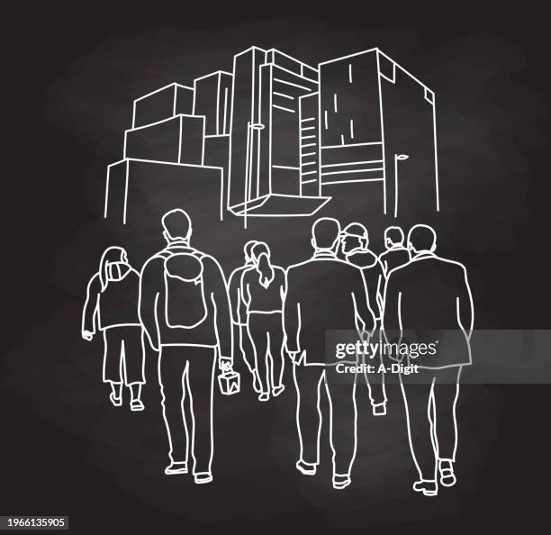sidewalk crowd financial district blackboard - crowd from behind stock illustrations