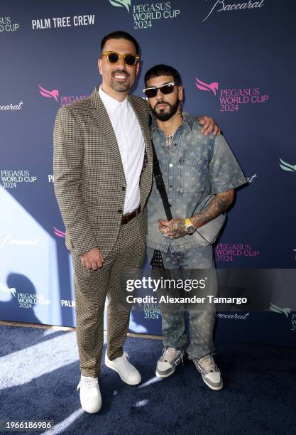 Kirk Taboada and Anuel AA attend the 2024 Pegasus World Cup Presented By Baccarat at Gulfstream Park on January 27, 2024 in Hallandale, Florida.