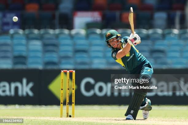 Grace Harris of Australia bats during game two of the Women's T20 International series between Australia and South Africa at Manuka Oval on January...