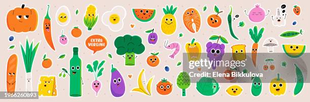healthy food characters sticker pack - fruits and vegetables isolated stock illustrations