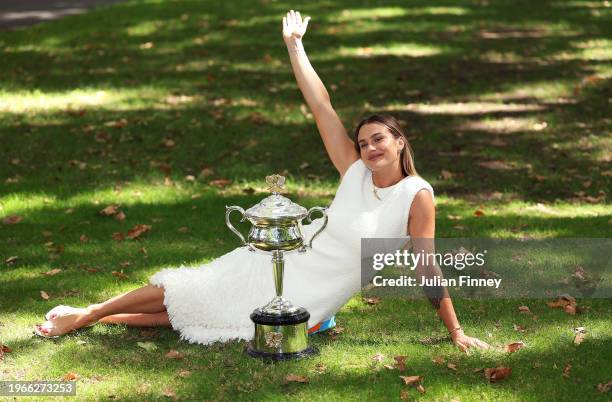 Aryna Sabalenka poses with the Daphne Akhurst Memorial Cup after winning the 2024 Australian Open Final at Royal Exhibition Building, Carlton Gardens...