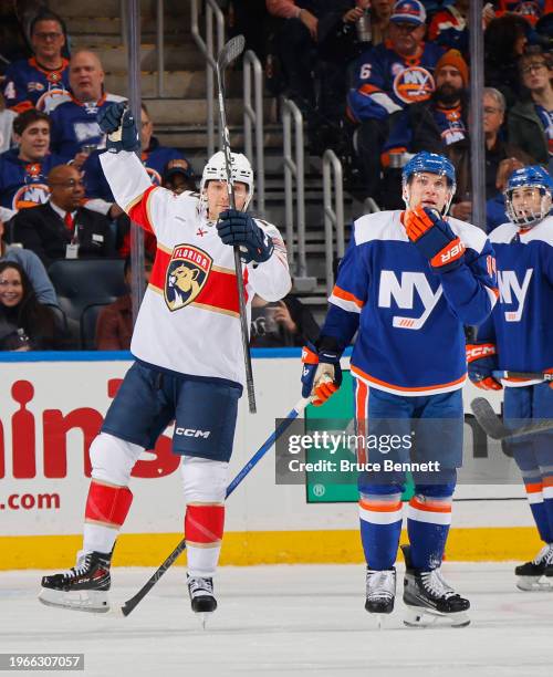 Sam Reinhart of the Florida Panthers scores a powerplay goal against the New York Islanders at 7:56 of the second period at UBS Arena on January 27,...