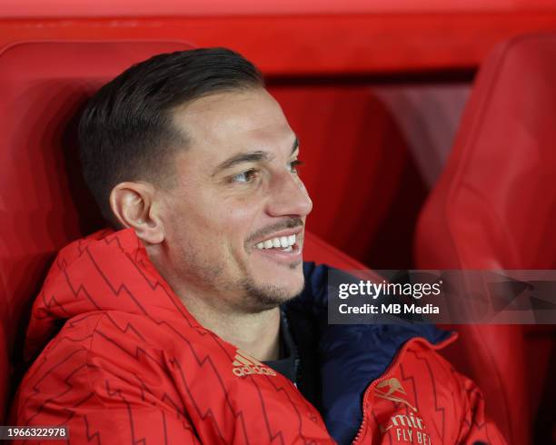 Cedric Soares of Arsenal sits on the substitutes bench during the Premier League match between Nottingham Forest and Arsenal FC at City Ground on...