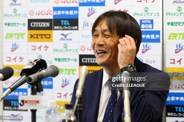 Head coach Fumitake Miura of Albirex Niigata speaks at the post match press conference after the J.League J1 match between Ventforet Kofu and Albirex...