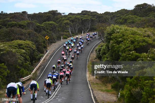 General view of the peloton competing close to the Bells beach during the 8th Cadel Evans Great Ocean Road Race 2024 - Men's Elite a 174.3km one day...