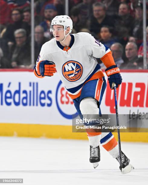 Julien Gauthier of the New York Islanders skates during the first period against the Montreal Canadiens at the Bell Centre on January 25, 2024 in...