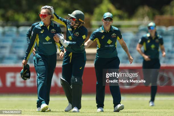 Ashleigh Gardner of Australia celebrates taking the wicket of Anneke Bosch of South Africaduring game two of the Women's T20 International series...