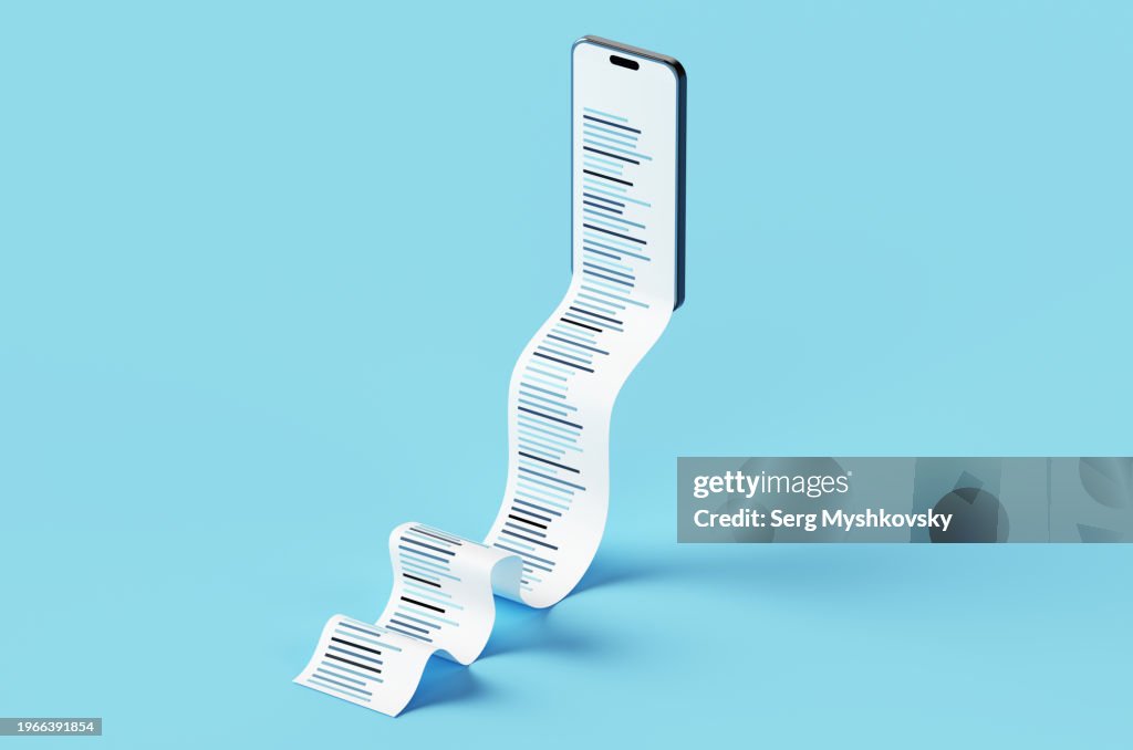 Abstract concept of a smartphone with a sales receipt from the gadget screen on a blue background.