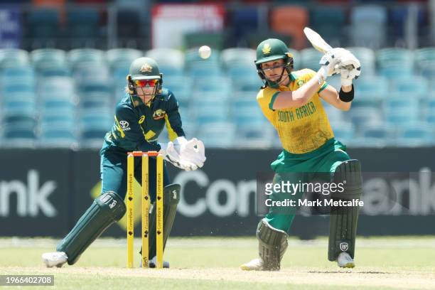 Laura Wolvaardt of South Africa bats during game two of the Women's T20 International series between Australia and South Africa at Manuka Oval on...
