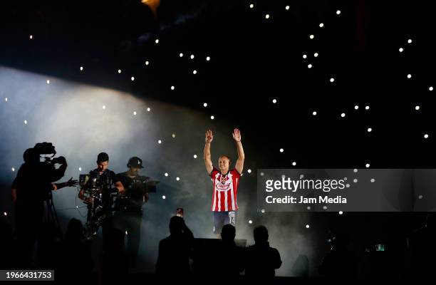 Javier Chicharito Hernandez greets the fans during the event to announce his return to Chivas after 13 years at Akron Stadium on January 27, 2024 in...