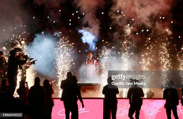 Javier Chicharito Hernandez greets the fans during the event to announce his return to Chivas after 13 years at Akron Stadium on January 27, 2024 in...