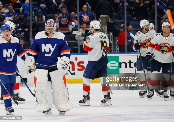 Ilya Sorokin of the New York Islanders leaves the ice following an overtime loss to the Florida Panthers at UBS Arena on January 27, 2024 in Elmont,...