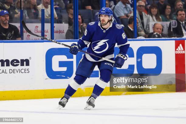 Maxwell Crozier of the Tampa Bay Lightning against the New Jersey Devils during the first period at Amalie Arena on January 27 2024 in Tampa, Florida.