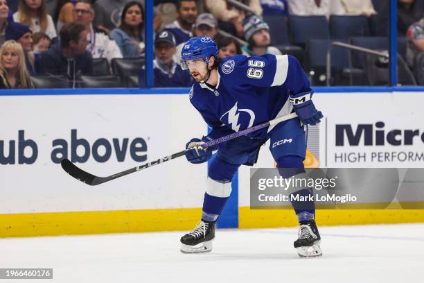 Maxwell Crozier of the Tampa Bay Lightning against the New Jersey Devils during the first period at Amalie Arena on January 27 2024 in Tampa, Florida.