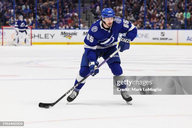 Maxwell Crozier of the Tampa Bay Lightning against the New Jersey Devils during the second period at Amalie Arena on January 27 2024 in Tampa,...