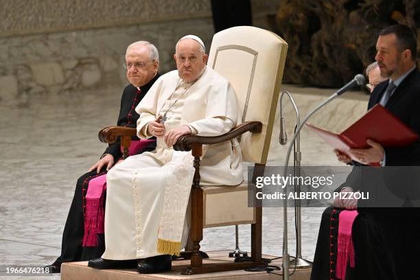 Pope Francis attends the weekly general audience on January 31, 2024 at Paul-VI hall in The Vatican.