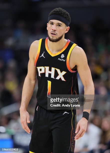 Devin Booker of the Phoenix Suns in the game against the Indiana Pacers at Gainbridge Fieldhouse on January 26, 2024 in Indianapolis, Indiana. NOTE...