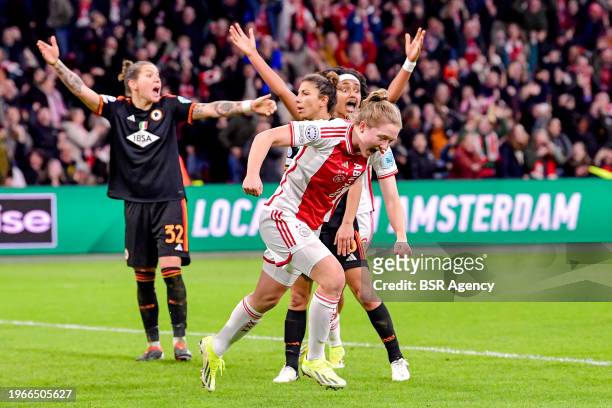 Jonna van de Velde of AFC Ajax celebrating goal, Elena Linari of AS Roma, Oihane Valdezate of AS Roma protesting during the UEFA Women's Champions...